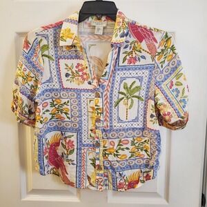 Calypso St Barth sz M Linen/Rayon Tropical Palm Tree Crop Button Up Shirt Resort
